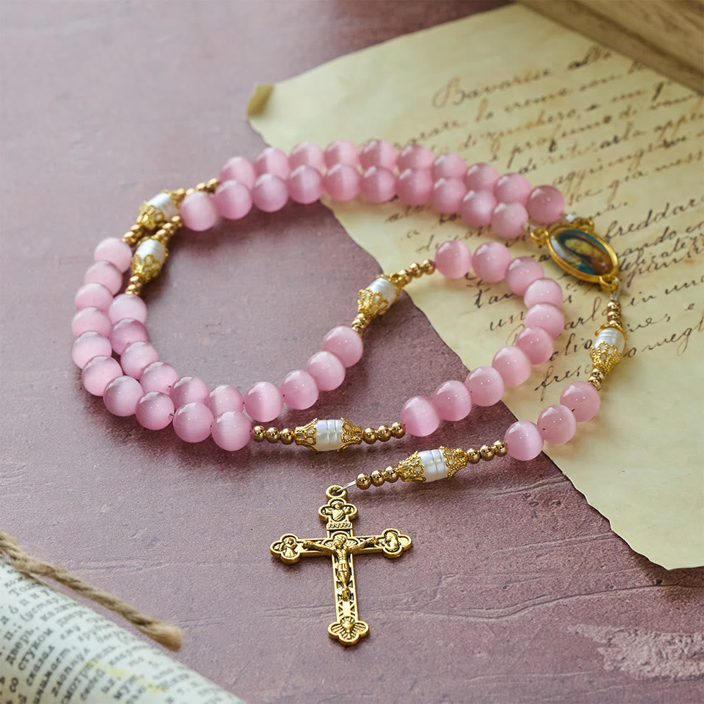 Christianartworkshop Pink Cat’s Eye & Acrylic Bead Our Lady Rosary: Embody Sacred Love and Gentle Devotion - image 5