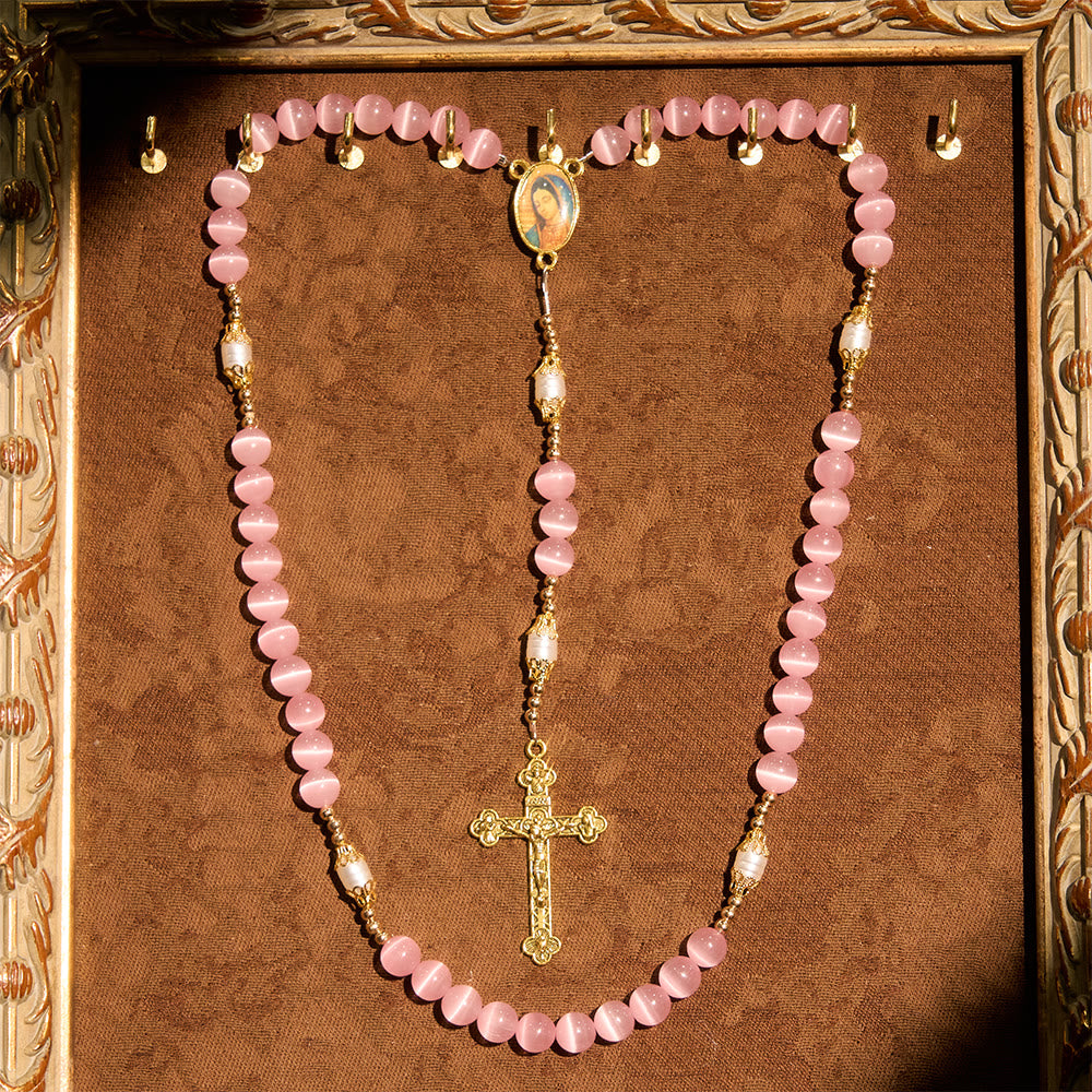 Christianartworkshop Pink Cat’s Eye & Acrylic Bead Our Lady Rosary: Embody Sacred Love and Gentle Devotion - Our Lady & Crucifix - image 0