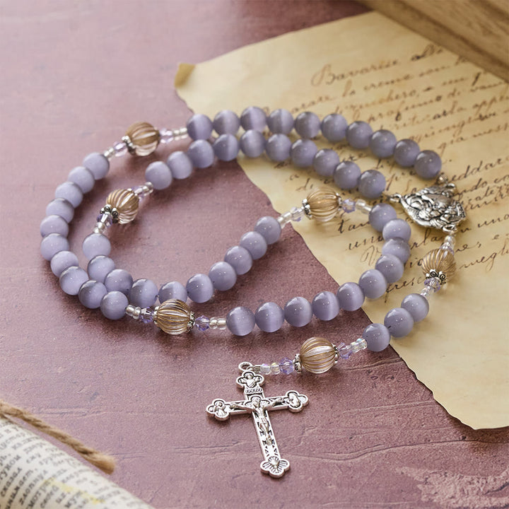 Christianartworkshop Purple Cat’s Eye & Champagne Lantern Bead Holy Family Rosary: Embody Serene Devotion - image 4