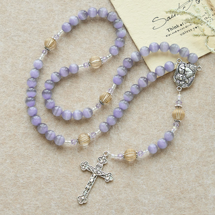 Christianartworkshop Purple Cat’s Eye & Champagne Lantern Bead Holy Family Rosary: Embody Serene Devotion - image 3