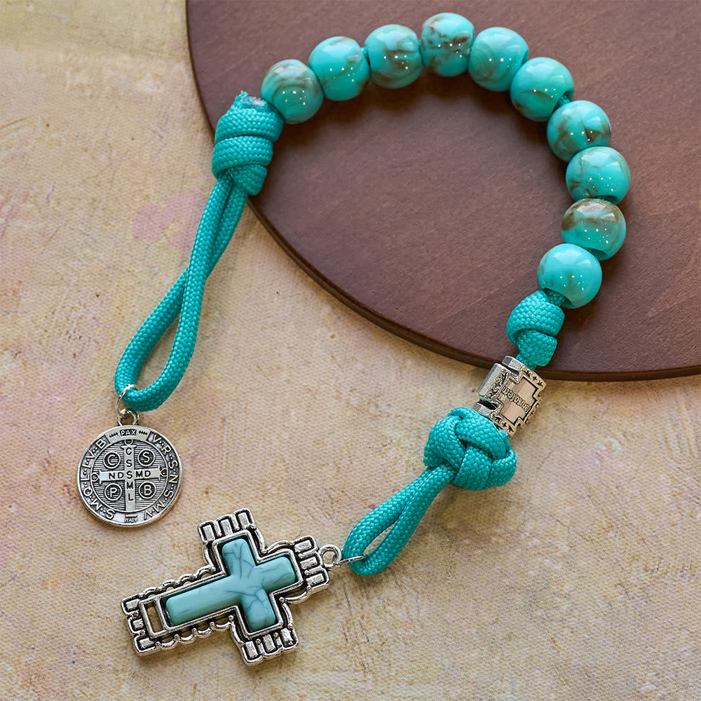 Christianartworkshop Turquoise Acrylic Bead Pocket Rosary with St. Benedict Medal & Inlaid Cross - St.Benedict & Cross - image 0