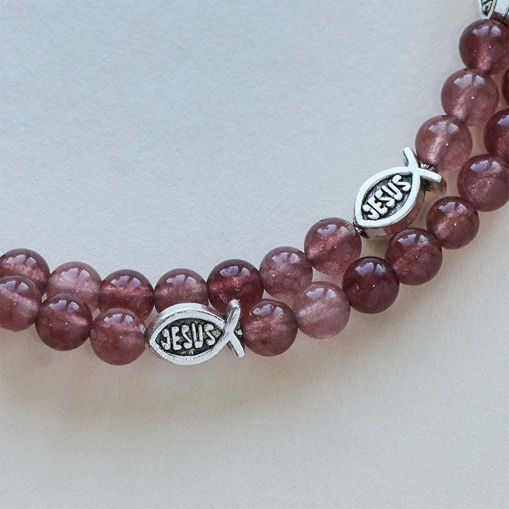 Christianartworkshop Strawberry Quartz Bracelet with Crucifix & Ichthys Charm - image 5