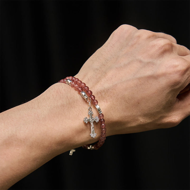 Christianartworkshop Strawberry Quartz Bracelet with Crucifix & Ichthys Charm - image 1