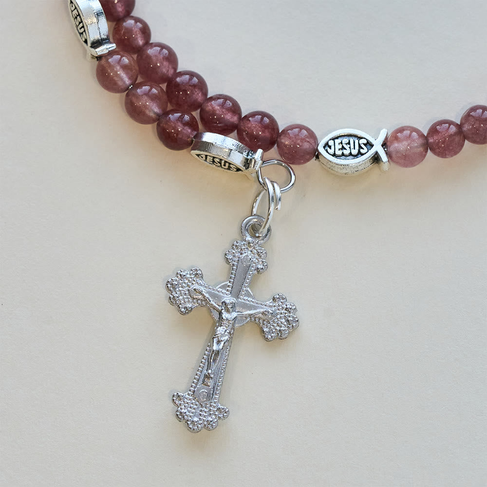 Christianartworkshop Strawberry Quartz Bracelet with Crucifix & Ichthys Charm - image 7