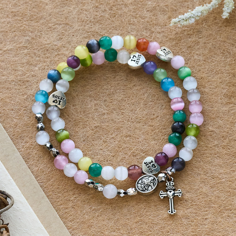 Christianartworkshop Multi-Color Cat’s Eye Bead Bracelet(Necklace for Kids) with I Love Jesus & Archangel Medals - Cross & Angel Medal - image 0