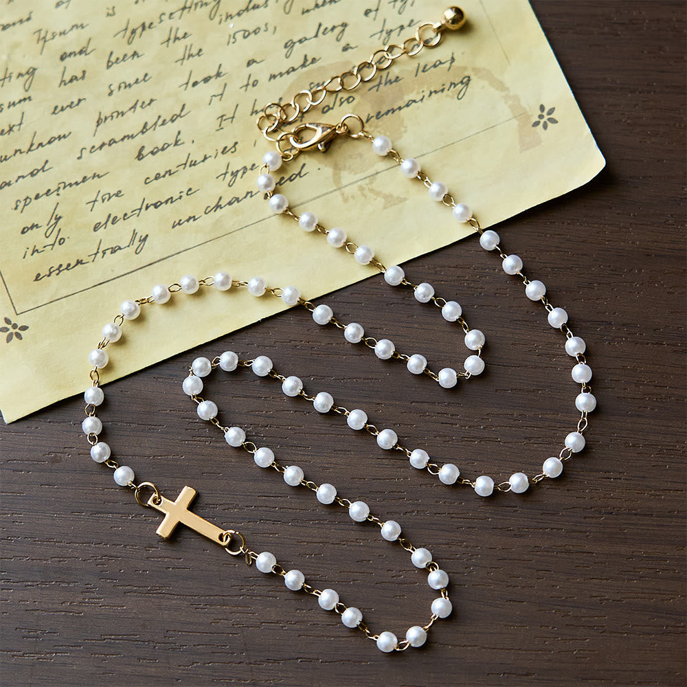 Christianartworkshop White Beads with Cross Necklace: Elegant Devotion & Faithful Grace - Golden - image 4