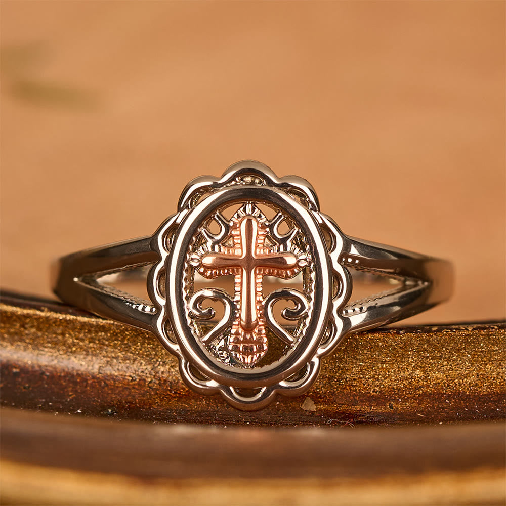 Christianartworkshop Dual - Tone Cross Ring: Silver & Rose Gold Filigree Faith Jewelry - Silver - AU Size T1/2 (US 10) - image 0