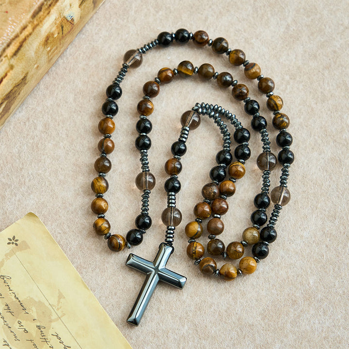 Christianartworkshop Natural Obsidian Tiger's Eye Rosary Necklace - Hematite Stone Cross Protection Rosary - image 1