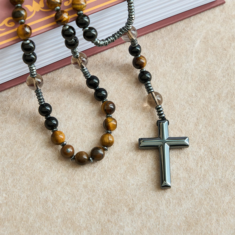 Christianartworkshop Natural Obsidian Tiger's Eye Rosary Necklace - Hematite Stone Cross Protection Rosary - image 6