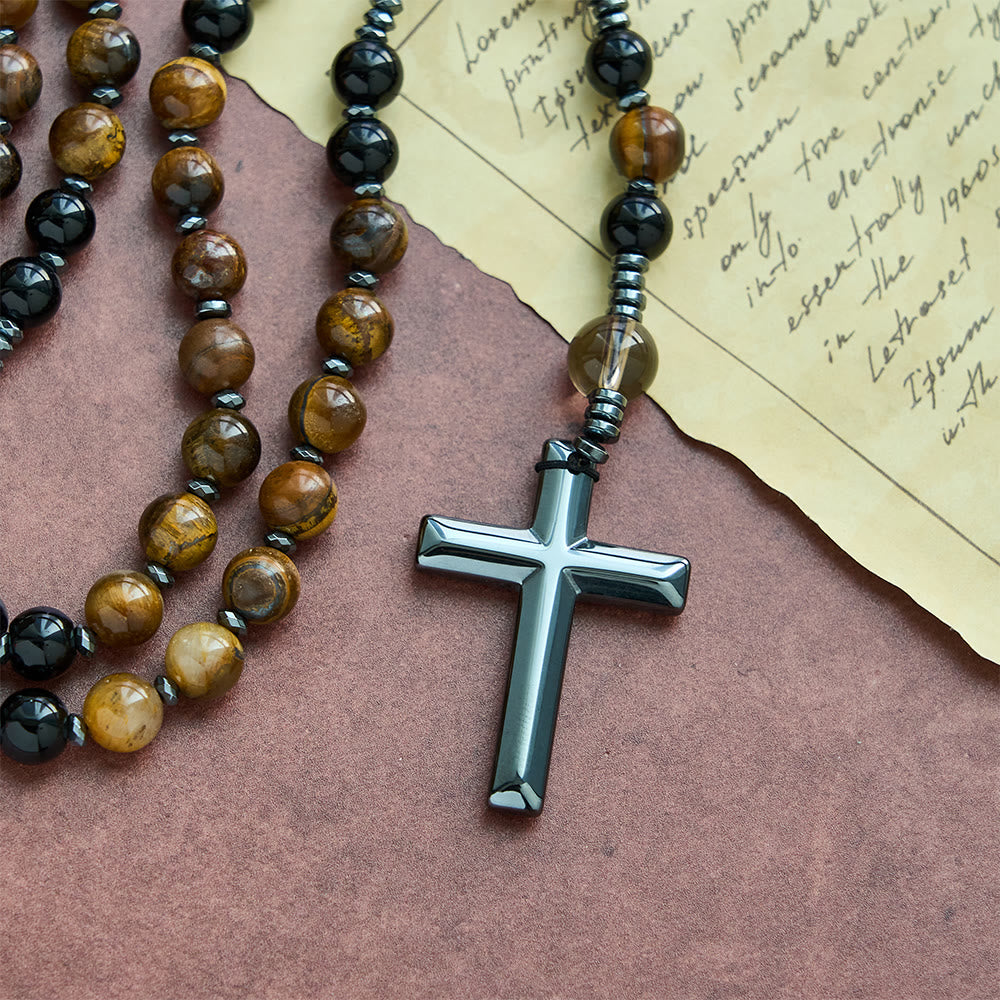 Christianartworkshop Natural Obsidian Tiger's Eye Rosary Necklace - Hematite Stone Cross Protection Rosary - image 5