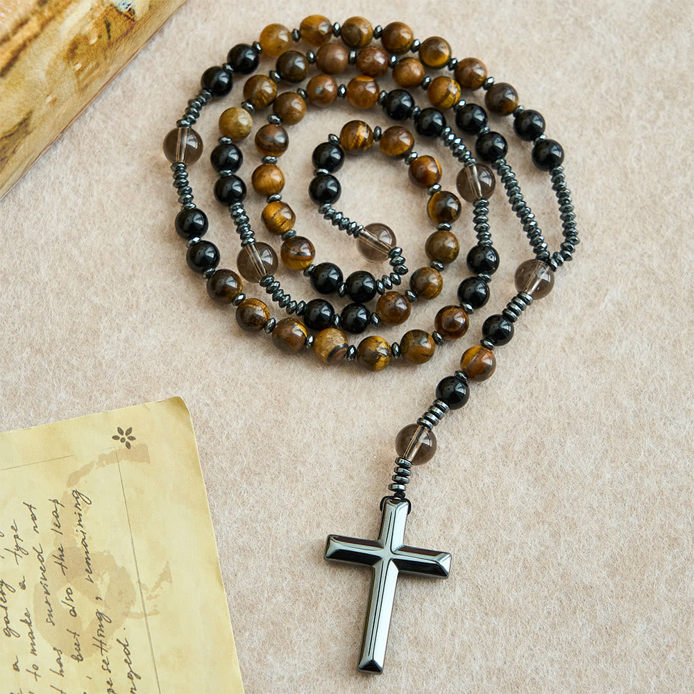 Christianartworkshop Natural Obsidian Tiger's Eye Rosary Necklace - Hematite Stone Cross Protection Rosary - image 2