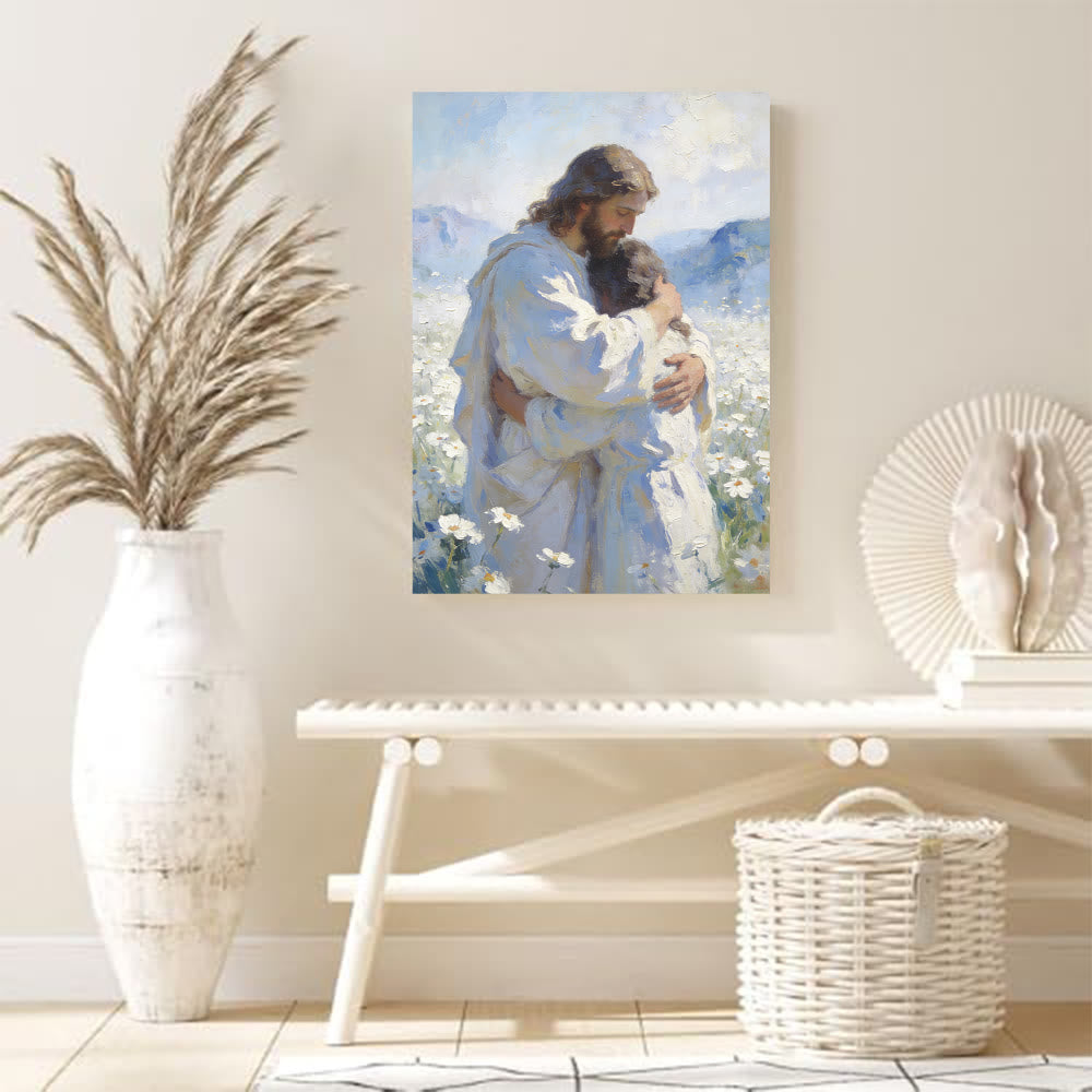 Christianartworkshop Jesus’ Tender Embrace in Flower Field Wall Art Print: Visual Reminder of His Unconditional Love - image 3