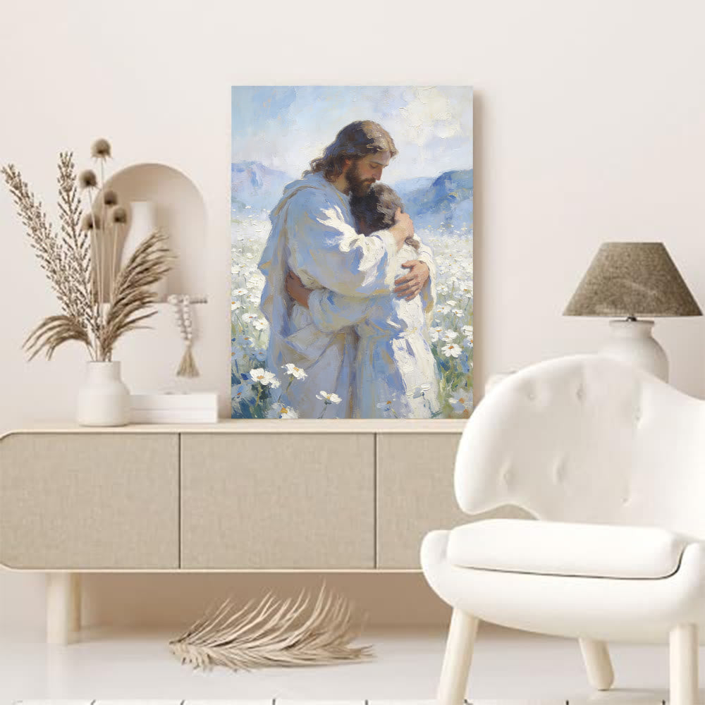 Christianartworkshop Jesus’ Tender Embrace in Flower Field Wall Art Print: Visual Reminder of His Unconditional Love - image 1
