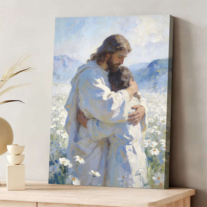 Christianartworkshop Jesus’ Tender Embrace in Flower Field Wall Art Print: Visual Reminder of His Unconditional Love - 11.81''*15.75''0.71"/30*40*1.8cm - Framed Canvas Painting - image 0