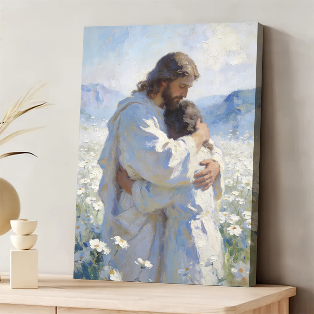 Christianartworkshop Jesus’ Tender Embrace in Flower Field Wall Art Print: Visual Reminder of His Unconditional Love - 11.81''*15.75''0.71"/30*40*1.8cm - Framed Canvas Painting - image 0
