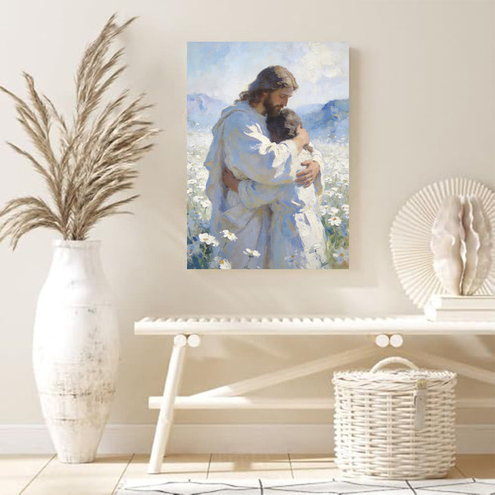 Christianartworkshop Jesus’ Tender Embrace in Flower Field Wall Art Print: Visual Reminder of His Unconditional Love - image 3