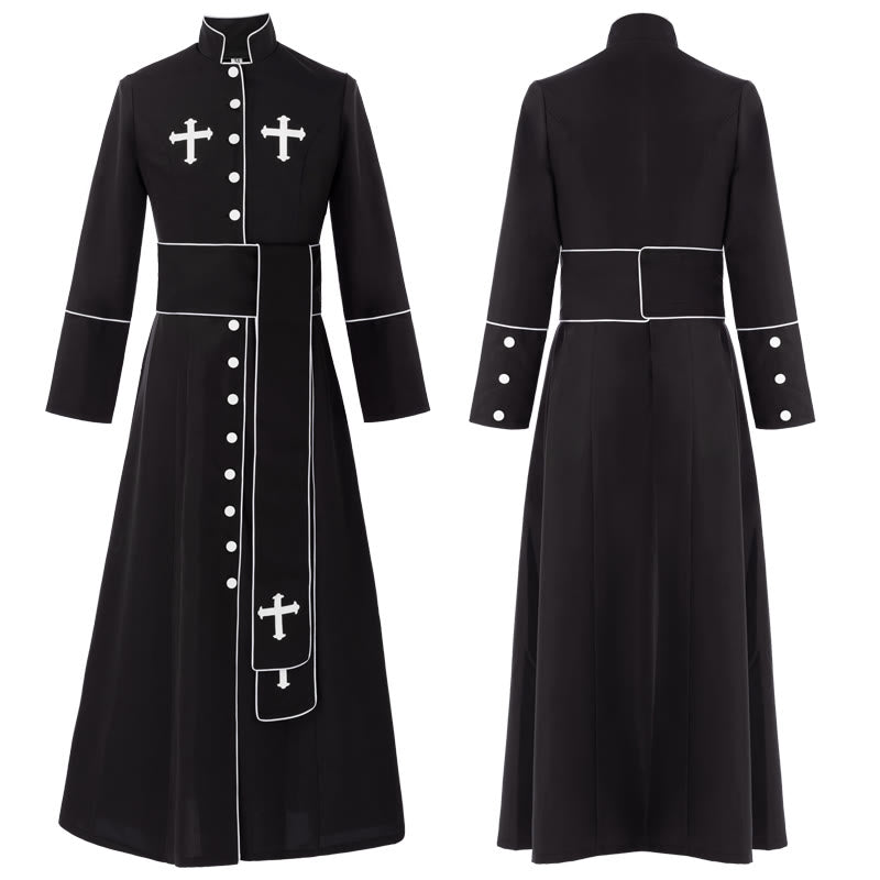 Christianartworkshop Ceremonial Black and White Stand Collar Clergy Robe Cassock with Belt & Cross Motifs - Black - 2XL - image 3