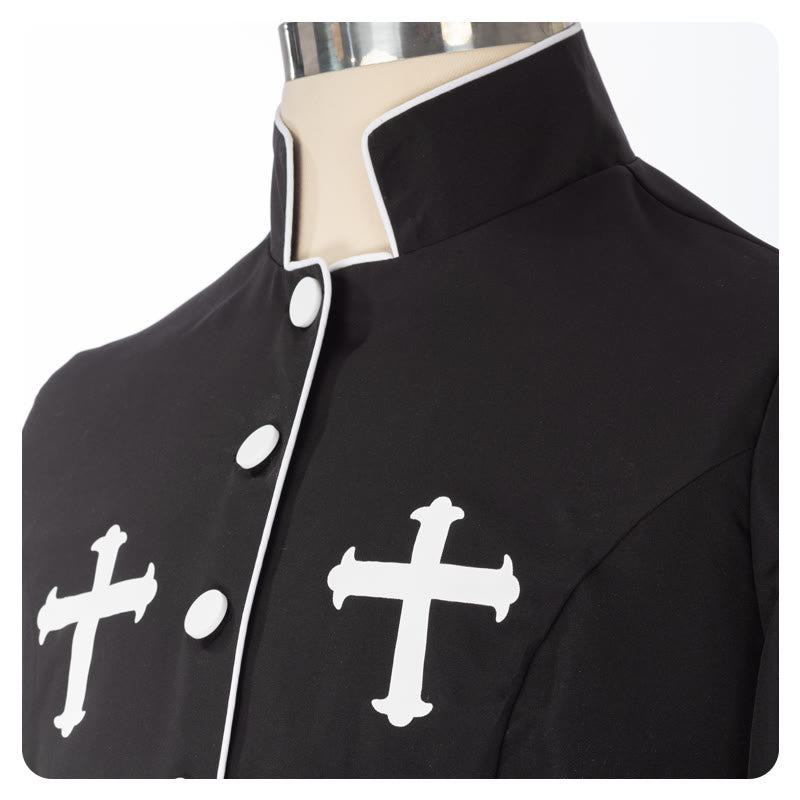 Christianartworkshop Ceremonial Black and White Stand Collar Clergy Robe Cassock with Belt & Cross Motifs - image 7