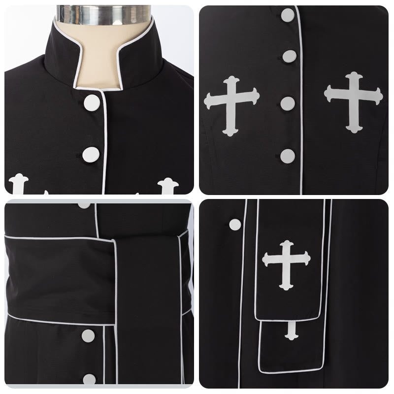 Christianartworkshop Ceremonial Black and White Stand Collar Clergy Robe with Belt & Cross Motifs - image 11