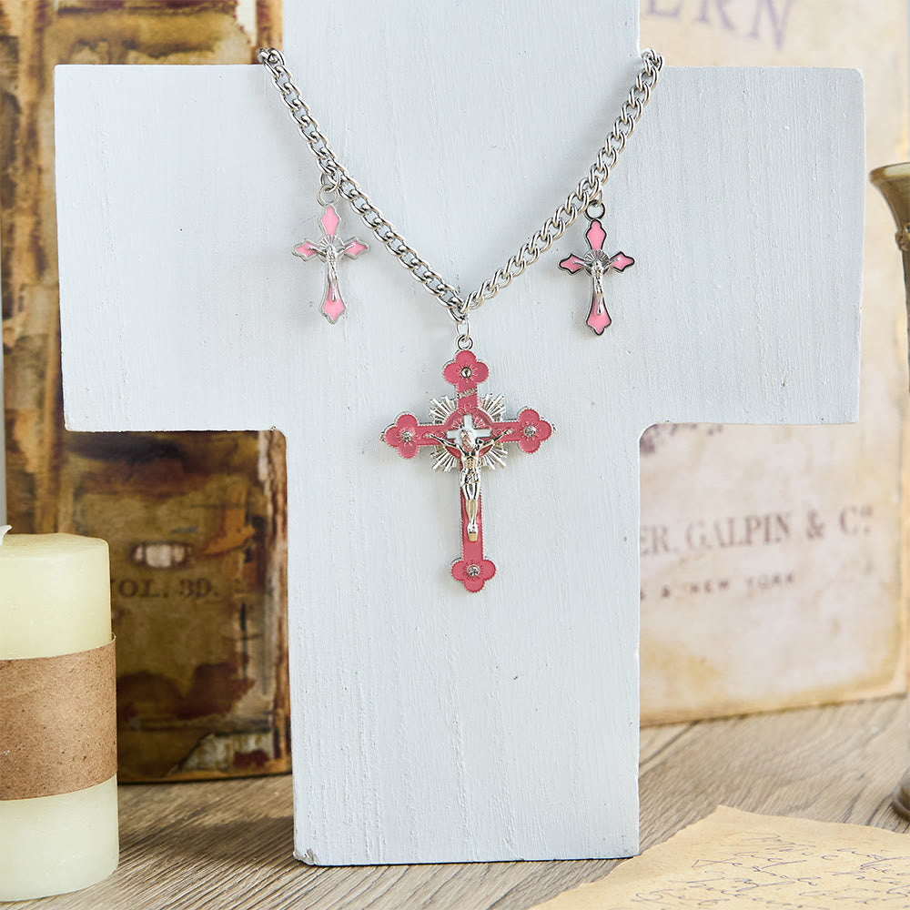 Christianartworkshop Classic Style Colorful Crafted Triple Crucifix Pendant Chain Necklace - Pink - image 1