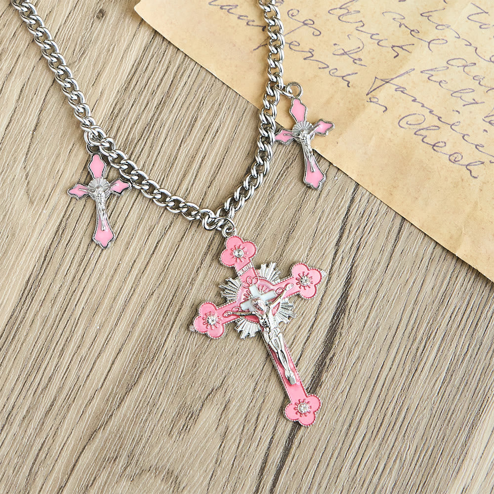 Christianartworkshop Classic Style Colorful Crafted Triple Crucifix Pendant Chain Necklace - image 4