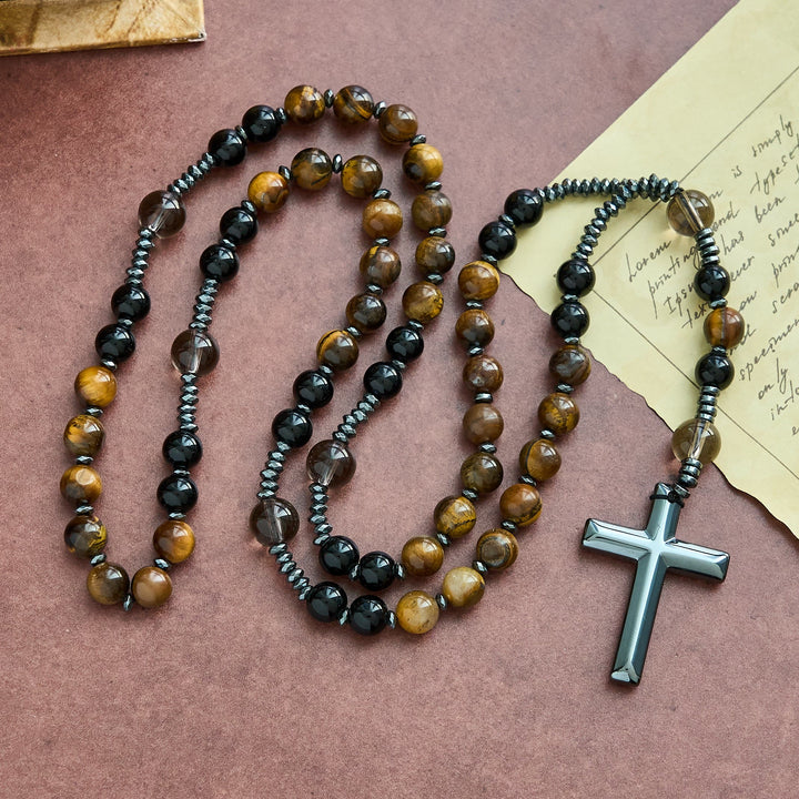 Christianartworkshop Natural Obsidian Tiger's Eye Rosary Necklace - Hematite Stone Cross Protection Rosary - Natural Obsidian Tiger's Eye Rosary Necklace - image 0