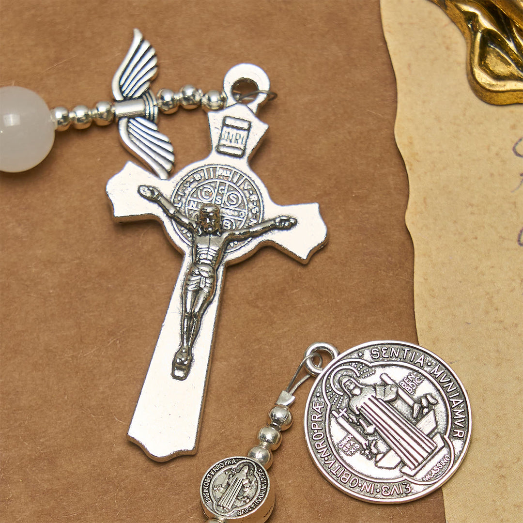 Christianartworkshop White Crystal Pocket Rosary for Travel & Daily Prayers with St. Benedict & Angel Blessings - image 5