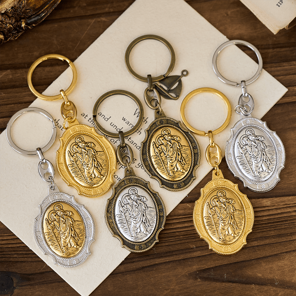 Christianartworkshop Intricately Carved Multicolor St. Christopher Keychain: Based Companion for Safe Travels - image 0