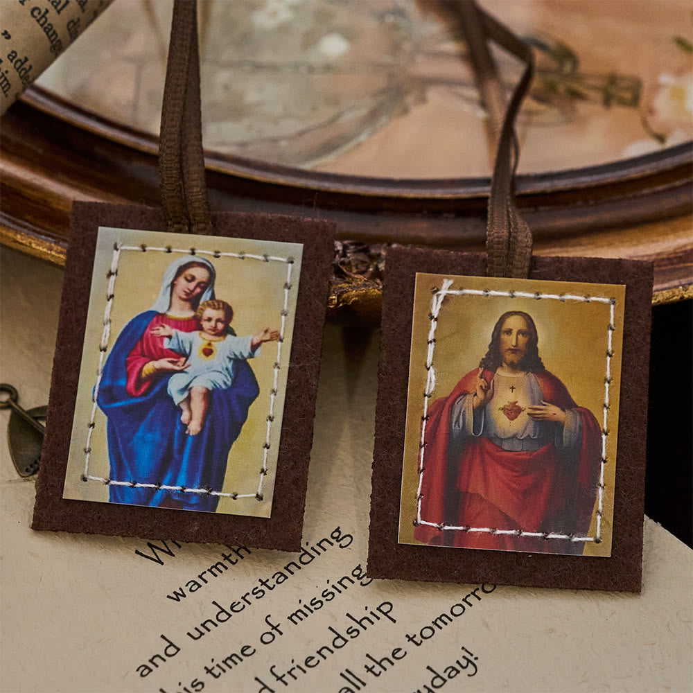 Christianartworkshop Blessed Brown Wool Scapular of Sacred Heart of Jesus and Virgin Mary - image 5