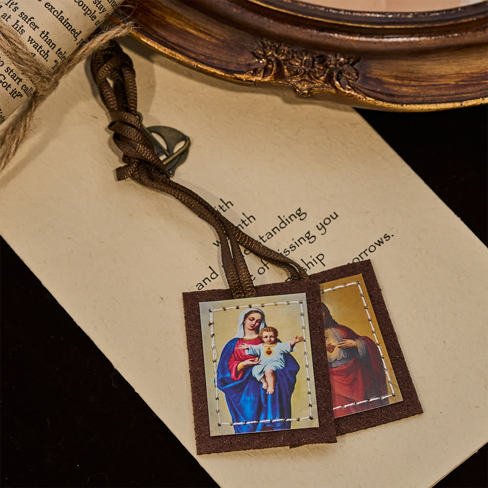 Christianartworkshop Blessed Brown Wool Scapular of Sacred Heart of Jesus and Virgin Mary - image 3