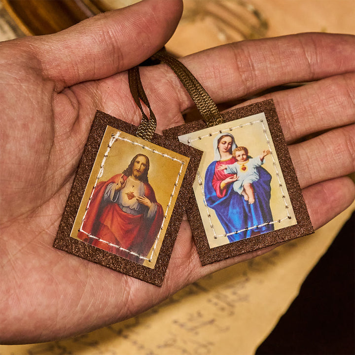 Christianartworkshop Blessed Brown Wool Scapular of Sacred Heart of Jesus and Virgin Mary - image 2