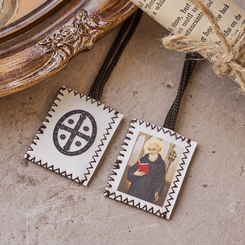 Christianartworkshop Vintage Stamp Shaped Scapular on Black Wool Cord of Saint Benedict and Crucifix - image 1