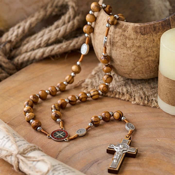 Natural Wood Handmade Rosary With Saint Benedict Cross - image 3