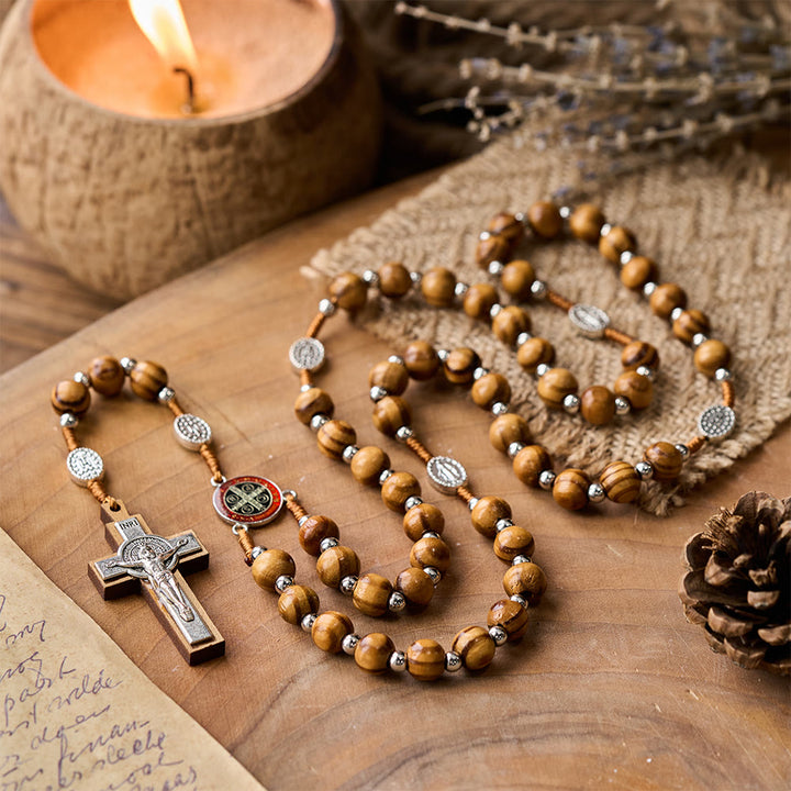 Natural Wood Handmade Rosary With Saint Benedict Cross - image 2