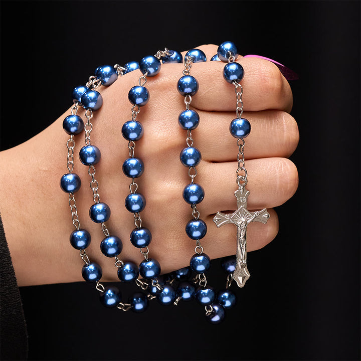 Royal Blue Pearl Beads Rosary with Holy Mother Medal & Crucifix - image 1