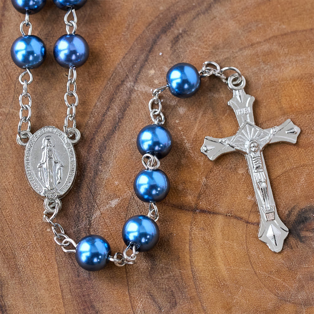 Royal Blue Pearl Beads Rosary with Holy Mother Medal & Crucifix - image 4