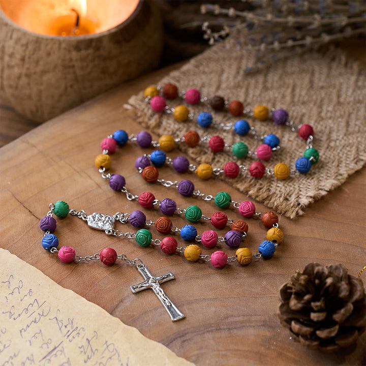 Holy Family Jesus Cross Rose Colored Beads Rosary - image 4