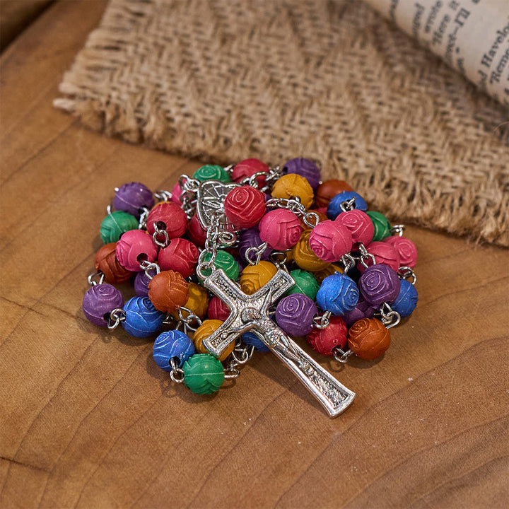 Holy Family Jesus Cross Rose Colored Beads Rosary - image 3
