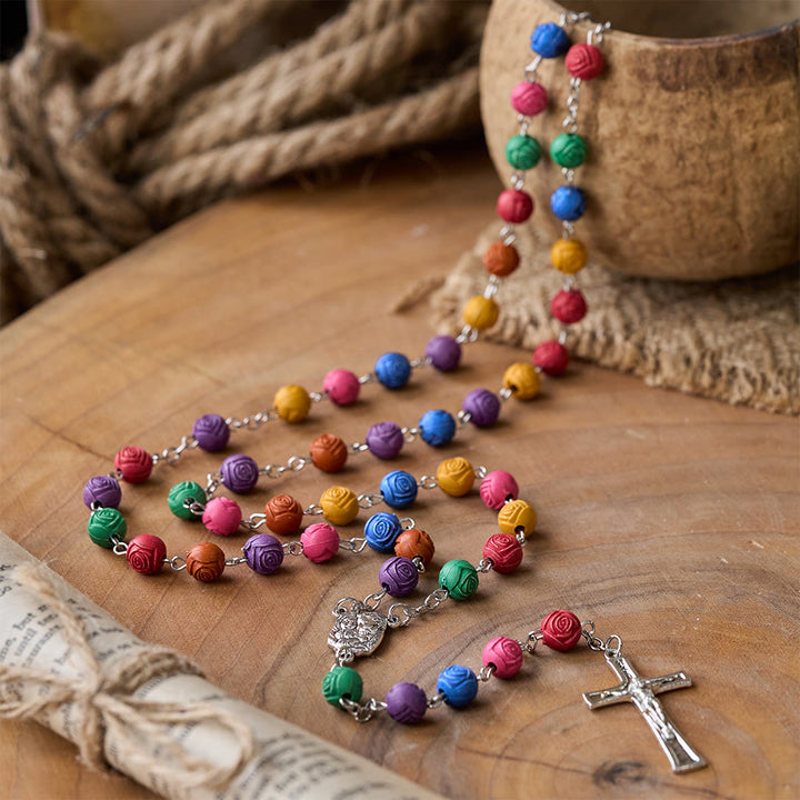 Holy Family Jesus Cross Rose Colored Beads Rosary - image 2