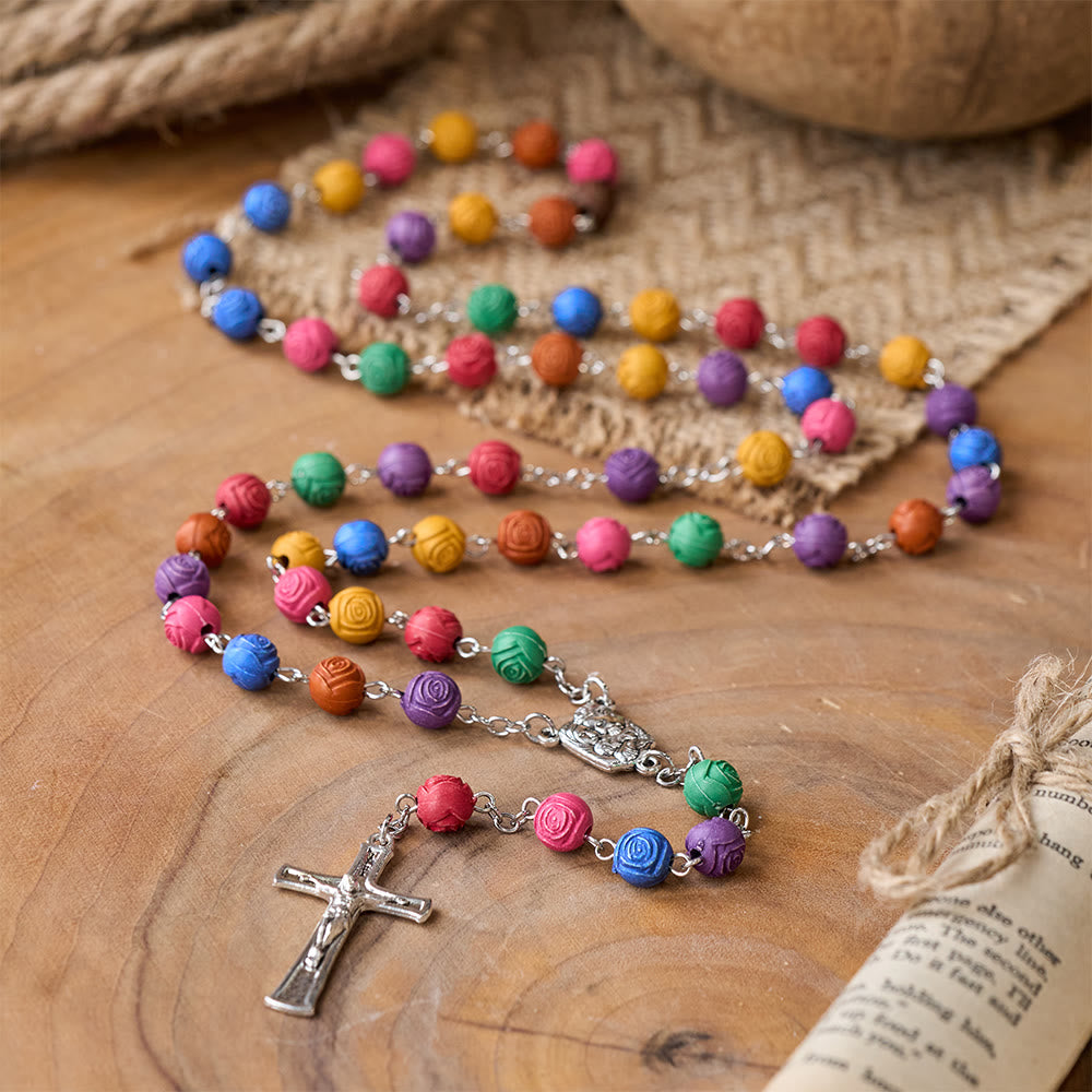 Holy Family Jesus Cross Rose Colored Beads Rosary - Colored Rose Beads - image 0