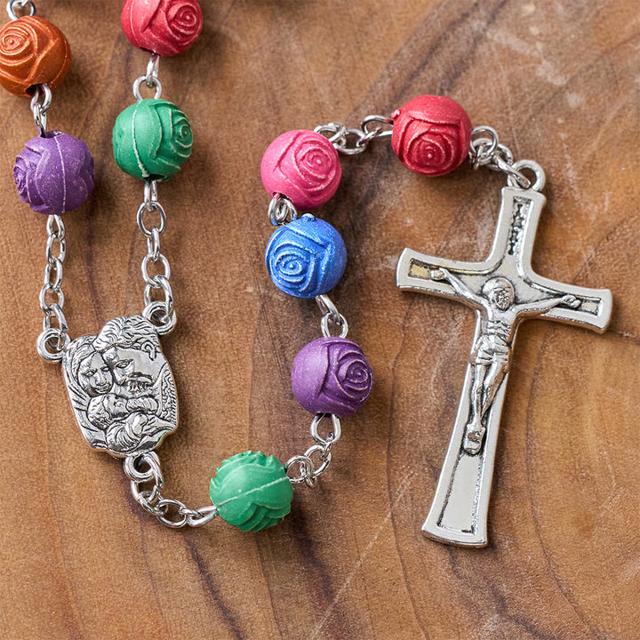 Holy Family Jesus Cross Rose Colored Beads Rosary - image 5