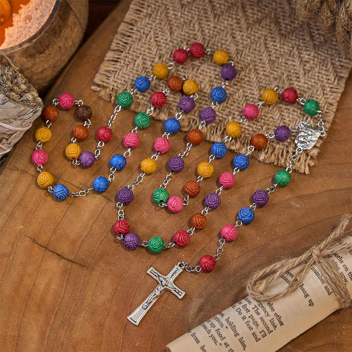 Holy Family Jesus Cross Rose Colored Beads Rosary - image 7