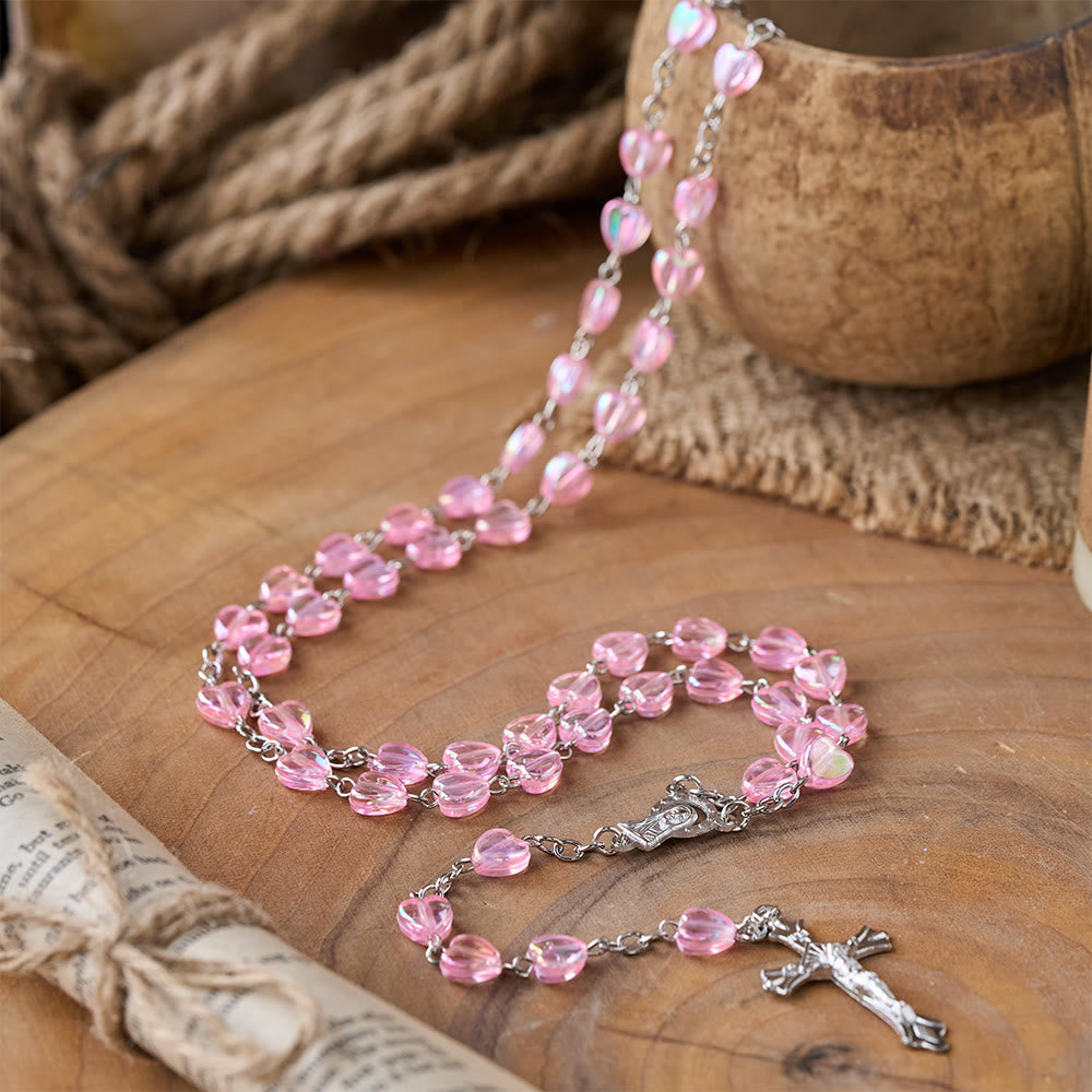 Pink Clear Shiny Heart Prayer Rosary - image 3