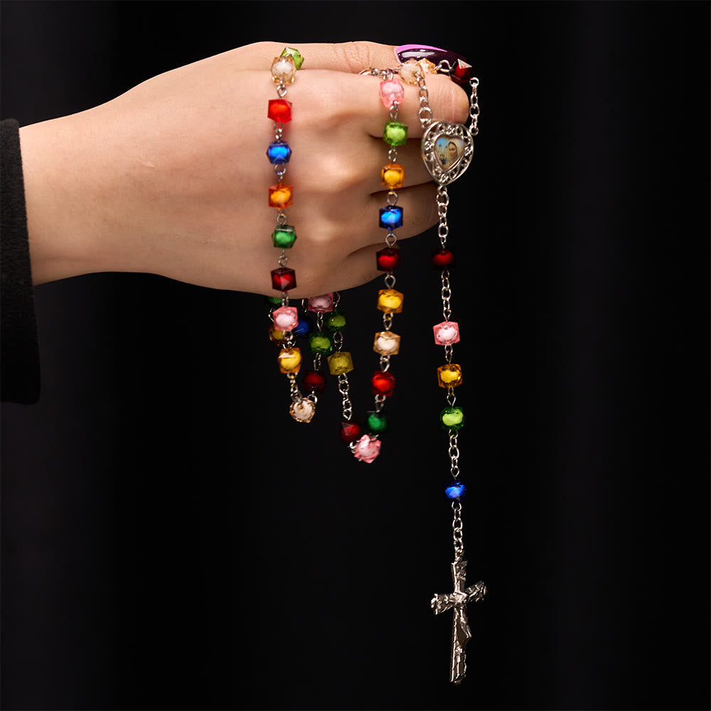 Christianartworkshop Our Lady of Peace & Crucifix of 8 mm Polyhedron Multicolor Acrylic Alloy Chain Rosary - image 1