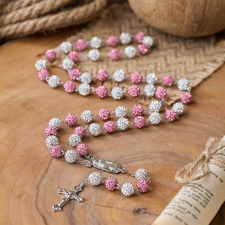 Christianartworkshop Our Lady of Guadalupe & Crucifix of 10 mm Round Pink White Polymer Clay Alloy Chain Rosary - image 2