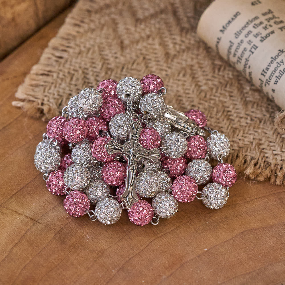 Christianartworkshop Our Lady of Guadalupe & Crucifix of 10 mm Round Pink White Polymer Clay Alloy Chain Rosary - image 7