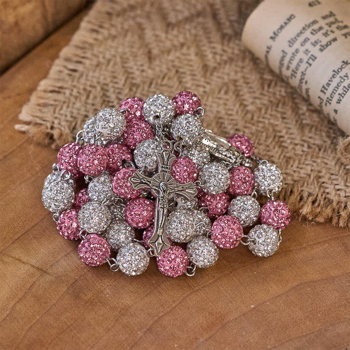 Christianartworkshop Our Lady of Guadalupe & Crucifix of 10 mm Round Pink White Polymer Clay Alloy Chain Rosary - image 7