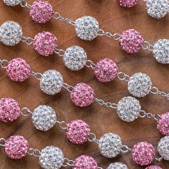 Christianartworkshop Our Lady of Guadalupe & Crucifix of 10 mm Round Pink White Polymer Clay Alloy Chain Rosary - image 6