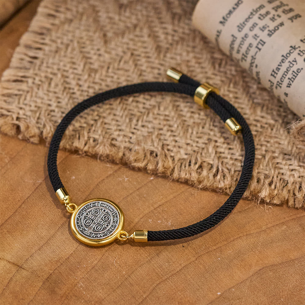 Christianartworkshop St. Benedict Medal Black Rope Cord Adjustable Bracelet - image 2