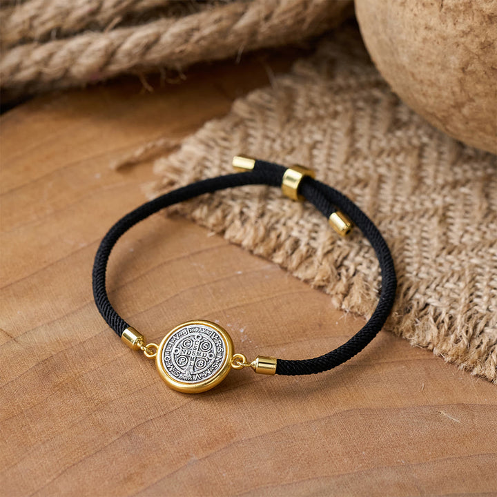 Christianartworkshop St. Benedict Medal Black Rope Cord Adjustable Bracelet - Black Cord - image 0